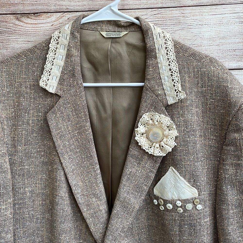VINTAGE BOHO COTTAGE CORE UPCYCLED TWEED BLAZER - Picture 12 of 12
